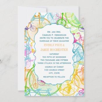 bright colors stylized vintage bicycle wedding invitation