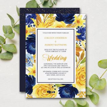 Small Bright Gold Navy Blue Floral Modern Wedding Invite Front View