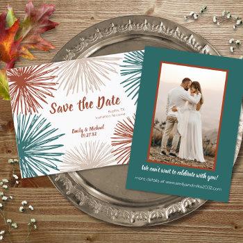 Small Bright Modern Abstract Dark Teal Copper Bisque Save The Date Front View