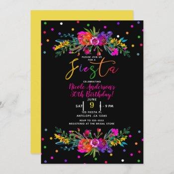 bright modern floral & black fiesta birthday party invitation