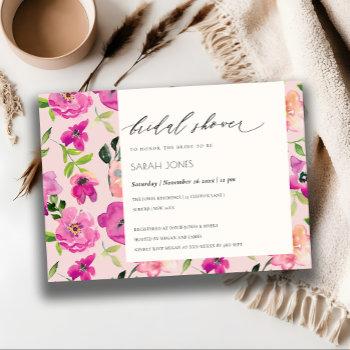 bright pink fun watercolor floral bridal shower invitation