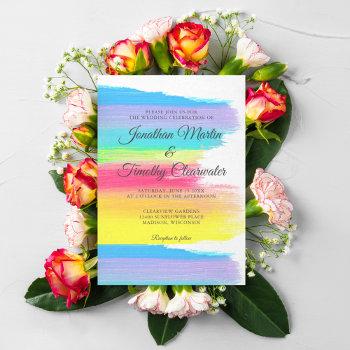 bright rainbow modern cheerful gay couple wedding invitation