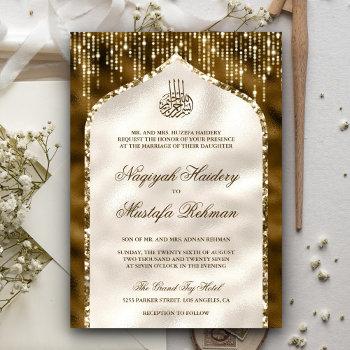brown and ivory gold glitter arch muslim wedding invitation