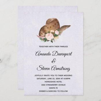 brown cowboy hat with pink flowers wedding invitation