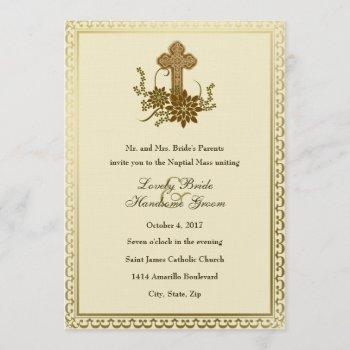 brown floral cross catholic wedding invitation