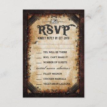 Small Brown Gothic Halloween Skeleton Matching Menu Rsvp Front View