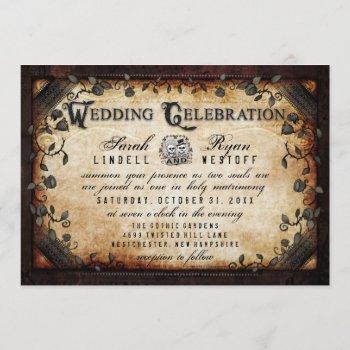 Small Brown Gothic Halloween Skeletons Wedding Invite Front View