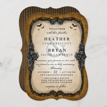 Small Brown Gothic Roses & Bats Halloween Wedding Invite Front View