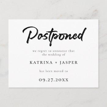 brushed script postponed wedding announcement postcard