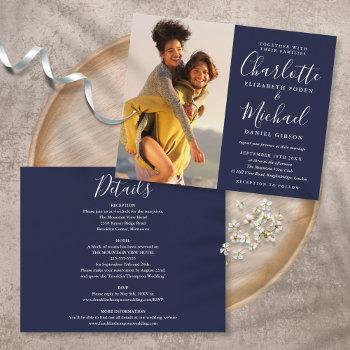 Small Budget All In One Navy Blue Photo Wedding Invite Front View