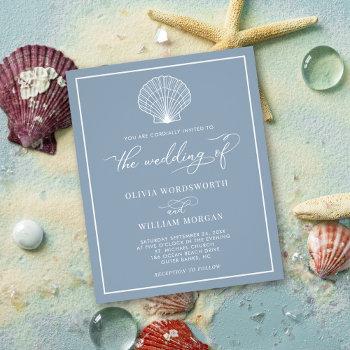 Small Budget Beach Seashell Wedding Invite Dusty Blue Flyer Front View