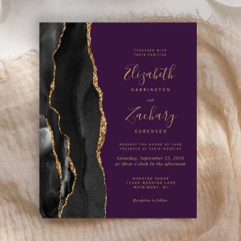 budget black gold agate purple wedding invitation
