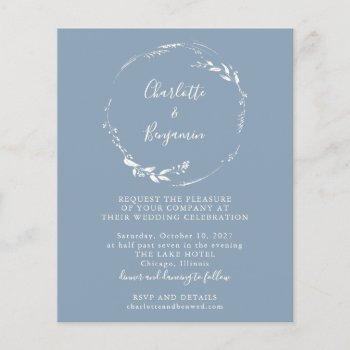 budget blue floral wreath script wedding invite