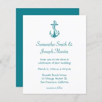 budget blue teal vintage anchor wedding invitation