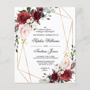 budget blush & burgundy rose wedding invitation