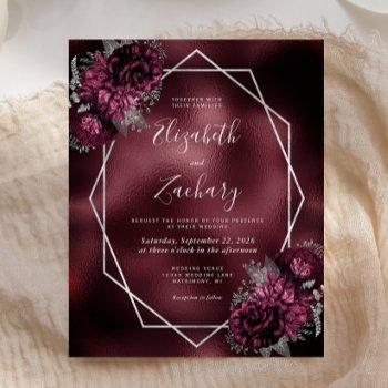 Small Budget Burgundy Faux Foil Silver Floral Wedding Front View
