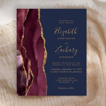 Small Budget Burgundy Gold Agate Navy Wedding Invite Front View