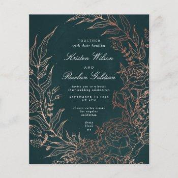 Small Budget Elegant Green Wreath Bronze Wedding Invite Front View