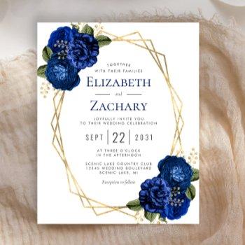 Small Budget Geometric Royal Blue Floral Wedding Invite Front View