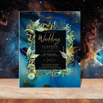 Small Budget Midnight Blue Gold Greenery Wedding Invites Front View