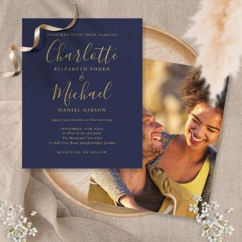 budget navy blue gold script photo wedding invite