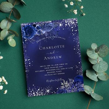 budget navy blue silver floral wedding invitation