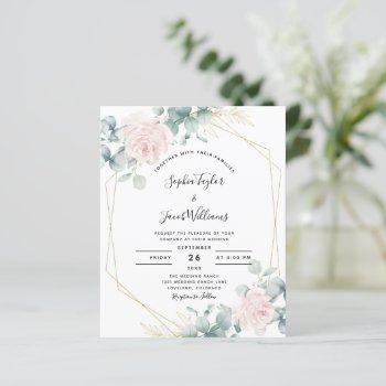 budget pink floral eucalyptus wedding invitation