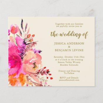 Small Budget Pink Watercolor Floral Wedding Invite Front View
