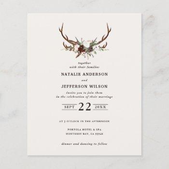 budget rustic floral stag antlers wedding invite
