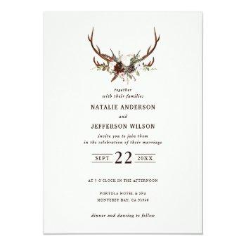 Small Budget Rustic Floral Stag Antlers Wedding Invite Front View