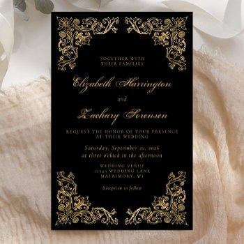 Small Budget Vintage Corners Black Gold Wedding Invite Front View