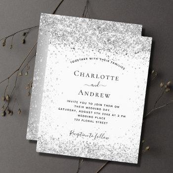 budget white silver glitter wedding invitation