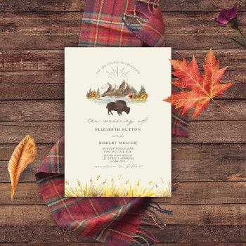 buffalo bison mountains autumn script wedding invitation