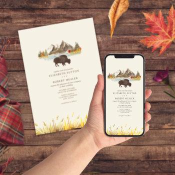 buffalo bison watercolor mountains autumn wedding  invitation