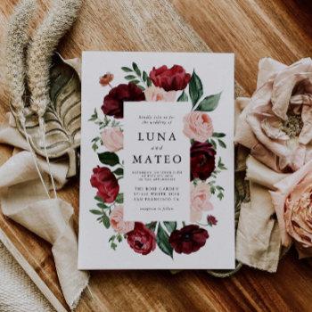 burgundy and blush watercolor floral photo wedding invitation