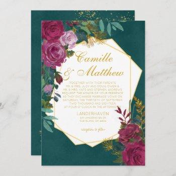 burgundy and emerald wedding invitation
