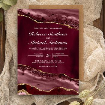 burgundy and gold agate marble wedding invitation