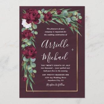 burgundy and gold floral watercolor fall wedding invitation