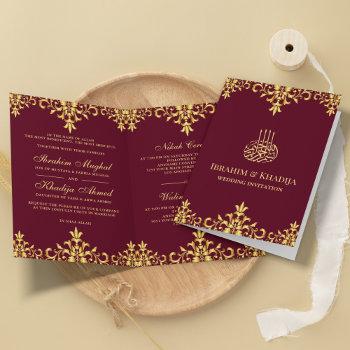 burgundy and gold foil damask islamic wedding invitation