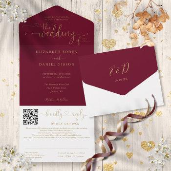 burgundy and gold hearts script qr code wedding all in one invitation