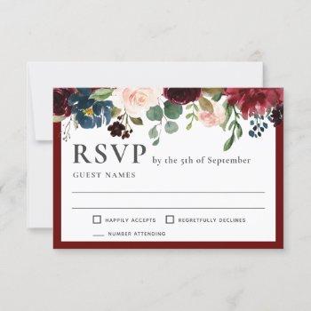 Small Burgundy And Navy Elegant Floral Wedding Rsvp Front View