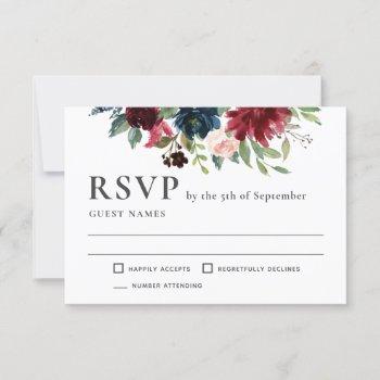 Small Burgundy And Navy Floral Wedding Rsvp Front View