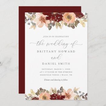 burgundy and peach floral greenery wedding invitation