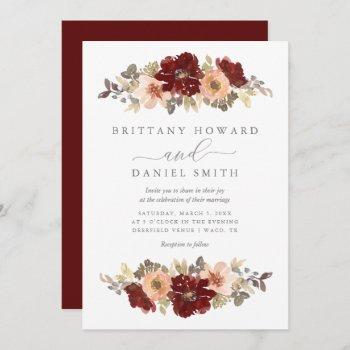 burgundy and peach floral wedding invitation