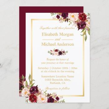 burgundy blush bloom floral gold frame wedding invitation