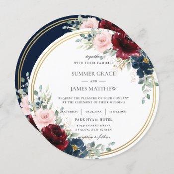 burgundy blush blue floral gold circle wedding  invitation