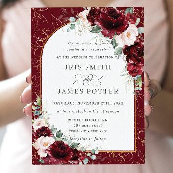 burgundy blush floral flowers arch gold wedding invitation