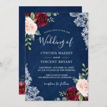 burgundy blush floral lace navy blue wedding invitation