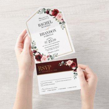 burgundy blush floral modern geometric wedding all all in one invitation