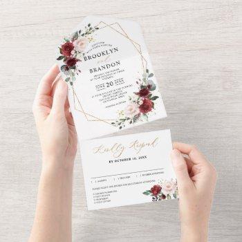burgundy blush floral modern geometric wedding all in one invitation